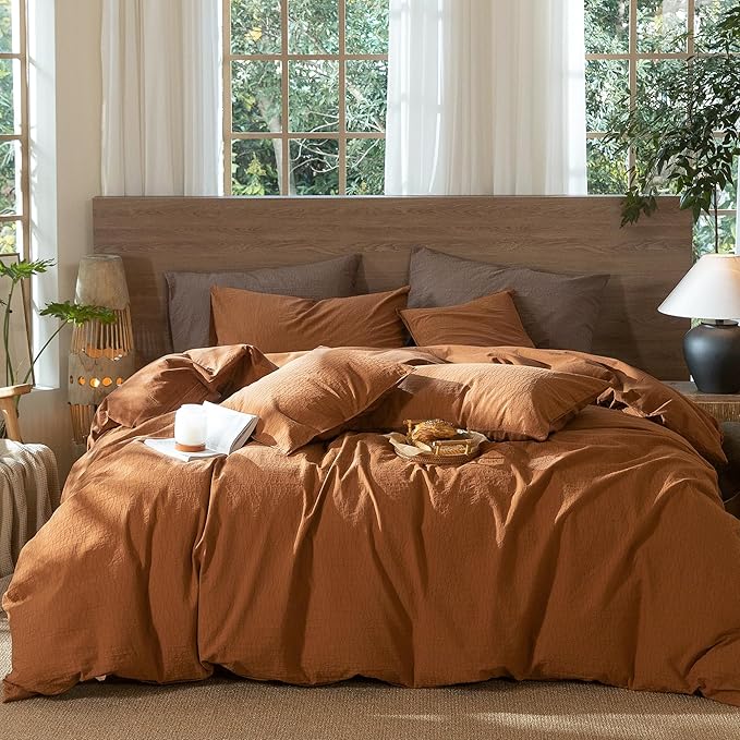 MooMee Wavy Striped Duvet Cover Set 100% Washed Cotton Linen Like Textured Breathable Durable Soft Comfy (Dark Orange, Cal King 104"x98")