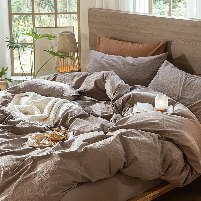 MooMee Wavy Striped Duvet Cover Set 100% Washed Cotton Linen Like Textured Breathable Durable Soft Comfy (Brown, Full 80"x90")