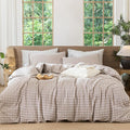 MooMee Gingham Duvet Cover Set 100% Washed Cotton Linen Like Textured Breathable Durable Soft Comfy Modern Checkered Design (Brown Gingham, Super King 108"x98")