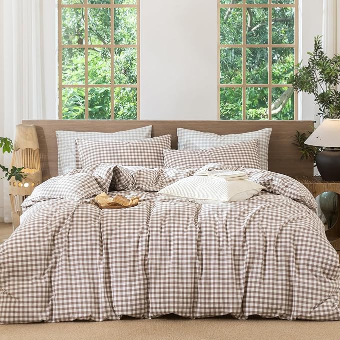 MooMee Gingham Duvet Cover Set 100% Washed Cotton Linen Like Textured Breathable Durable Soft Comfy Modern Checkered Design (Brown Gingham, Super King 108"x98")