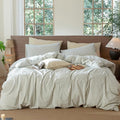MooMee Striped Duvet Cover Set 100% Washed Cotton Linen Like Textured Breathable Durable Soft Comfy (Sage Green White Classic Stripes, Super King Plus 120"x120")