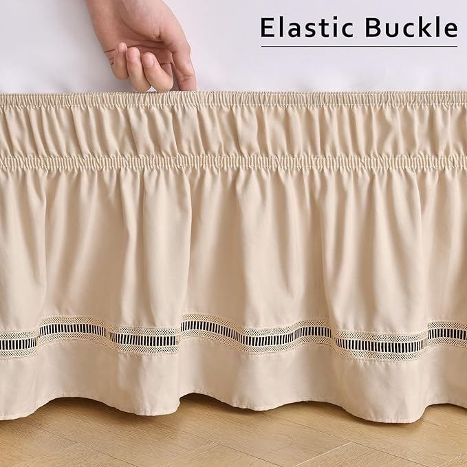 MIYE Wrap Around Ruffled Lace Bed Skirt, Elastic Dust Ruffle with Adjustable Belts, Easy to Put On, Bed Frame Cover, Machine Washable (Ruffled Lace/Beige, Full/Twin-12.5" Drop)