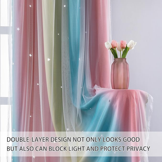XiDi Dream Star Blackout Curtains for Kids Rooms Girl Princess Curtain for Daughter Bedroom Window (Pink Blue, W52 X L63)