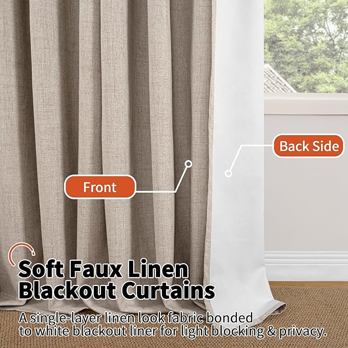 Beige 100% Blackout Curtains for Living Room 72 Inch Length 2 Panels Set, Thermal Insulated Light Blocking Polyester Linen Curtains for Bedroom, Bronze Grommet Boho Window Drape Each 52" Wide