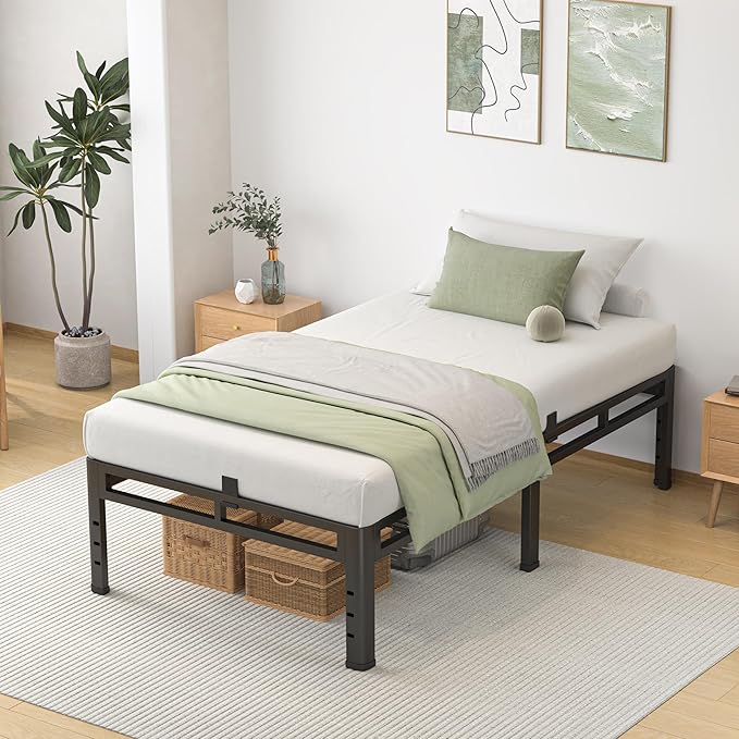 NKZ Twin Size Bed Frame 16 Inch, Metal Bed Frame & Box Spring 2 in 1 Platform with Round Corner Legs, 4000lbs Weight Capacity Reinforced Metal Frame, Headboard Hole, Noise-Free, Easy Assembly