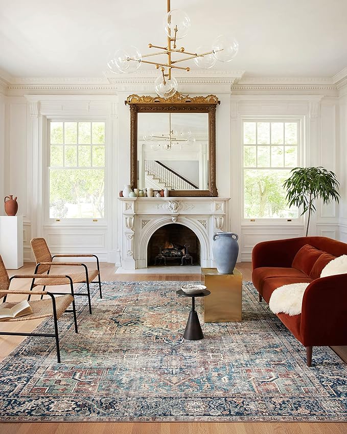 Loloi Margot Collection MAT-02 Terracotta/Lagoon 7'-6" x 9'-6" Area Rug feat. CloudPile, No-Shed Easy Clean Large Patterned Area Rug for Living Room, Bedroom, Dining Area
