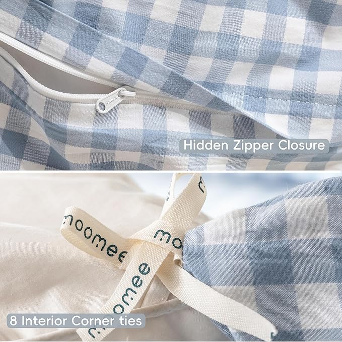 MooMee Gingham Duvet Cover Set 100% Washed Cotton Linen Like Textured Breathable Durable Soft Comfy Modern Checkered Design (Classic Gingham Cornflower Blue, Oversized Queen 98"x98")