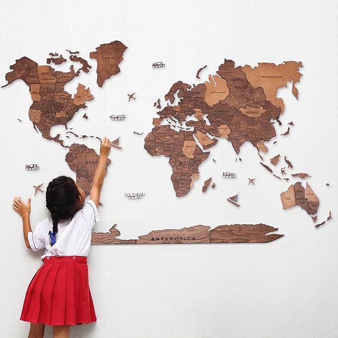 Handmade 3D Wood World Map Wall Art Large Wall Decor Track Your World Travels - Special for Home, Kitchen and Office (Large, Oak)