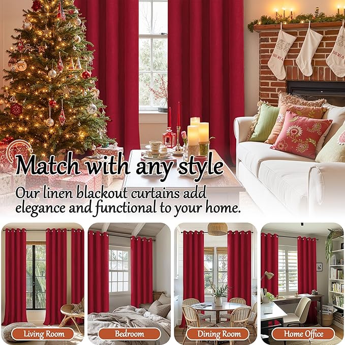 Short Linen Blackout Curtains for Winter Christmas Decor 45 Inch Long, Red Thermal Insulated Short Total Light Blocking Curtains for Small Window Living Room Bedroom, Each 52x45 Inch 2 Panels