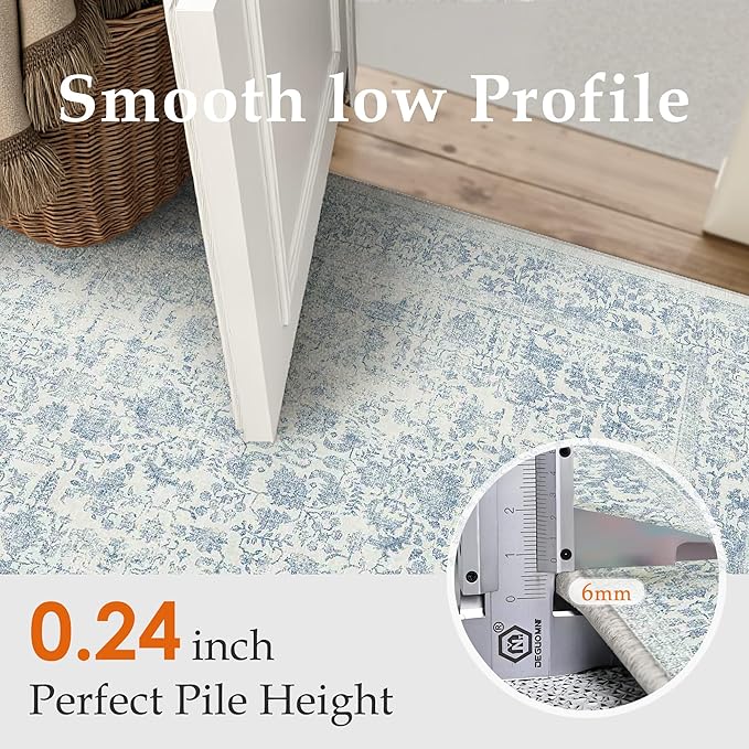 Blue Area Rug 3x4 Office Entryway Rug Machine Washable Kitchen Vintage Distressed Non Slip Carpet Indoor Retro Floral Accent Throw Door Mat for Bathroom Bedroom Dining Living Room