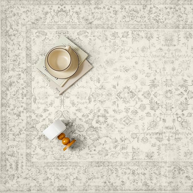 4x6 Grey Area Rug Non Slip Vintage Office Entryway Rug Distressed Machine Washable Kitchen Carpet Traditional Retro Floral Accent Throw Door Mat for Bedroom Bathroom Dining Living Room
