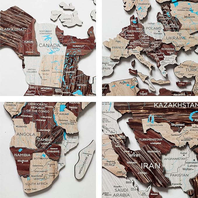 Handmade 3D Wood World Map Wall Art Large Wall Decor Track Your World Travels - Special for Home, Kitchen and Office (Large, Cappuccino)