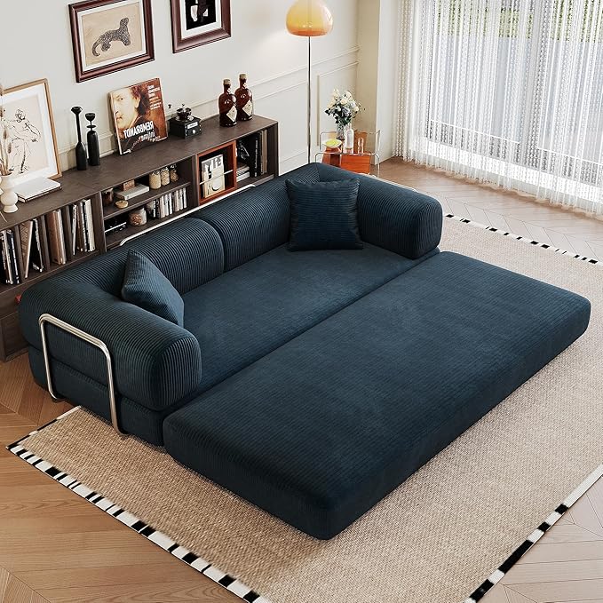 79" Convertible Sofa Bed with Fixed-Shape Frame, Corduroy Folding Pull Out Couch, No Assembly Modern Boneless Couch Compression Sofa in Box, Floor Sofa for Living Room,Blue