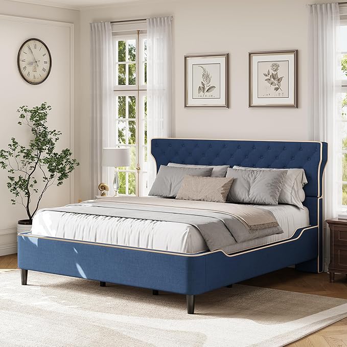 Christopher Knight Home Salus Linen Upholstered King Size Bed Frame with Headboard, Modern King Bed Frame and Headboard, Wooden Slats Support, Easy Assembly, No Box Spring Needed, Blue