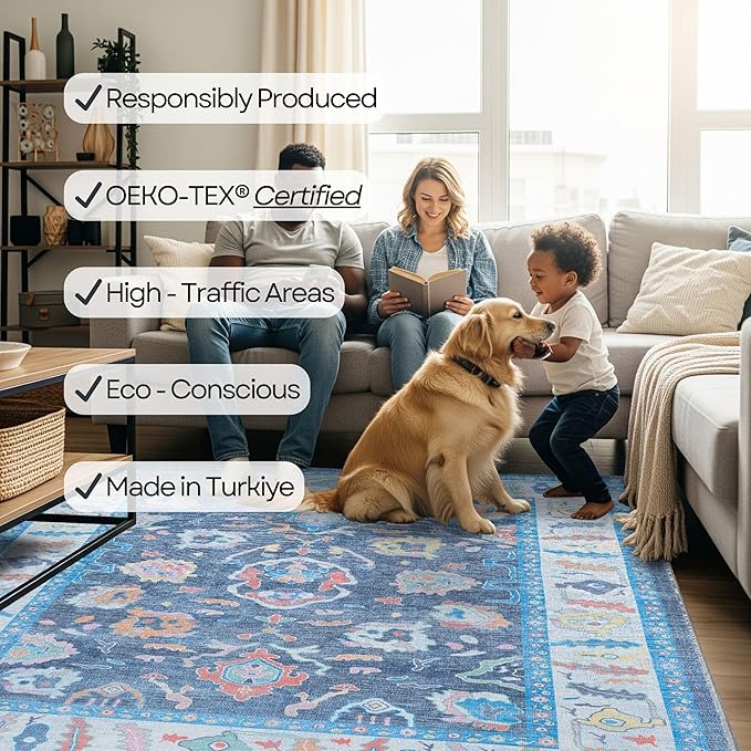 Fame Rugs Blue Modern Oushak Rug 8x10, Vintage Turkish Colorful Oriental Washable Antique Inspired Large Area Rugs, Luxury Living Room Bedroom (387BNB, 7'6 x 10')