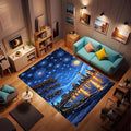 Machine Washable 5' x 7' Oil Painting-Style Area Rug, Bule Floor mat, Suitable for bedrooms, Girls' Room Bedside, Living Room, Dining Room, Office, Non-Slip Low-Pile Stars and Swirls Carpet