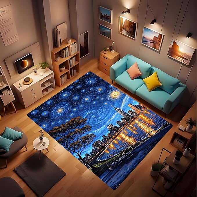 Machine Washable 3' x 5' Oil Painting-Style Area Rug, Bule Floor mat, Suitable for bedrooms, Girls' Room Bedside, Living Room, Dining Room, Office, Non-Slip Low-Pile Stars and Swirls Carpet