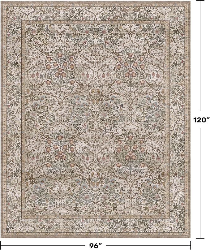 Vintage Moss Green Living Room Rug, 8x10 Washable Area Rugs for Bedroom, Dining Room Rugs Under Kitchen Table, Oriental Taupe Low Pile Stain Resistant Non-Slip Large Rug