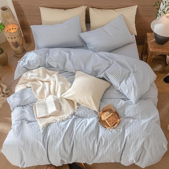 MooMee Striped Duvet Cover Set 100% Washed Cotton Linen Like Textured Breathable Durable Soft Comfy (Cornflower Blue White Wide Stripes, Oversized Queen 98"x98")
