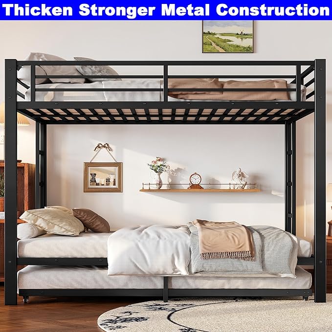 Upgraded Version Thicken Metal Queen Over Queen Bunk Bed with Trundle, Heavy-Duty Steel Bunk Bed for Adults, Easy Assemble (with Trundle)