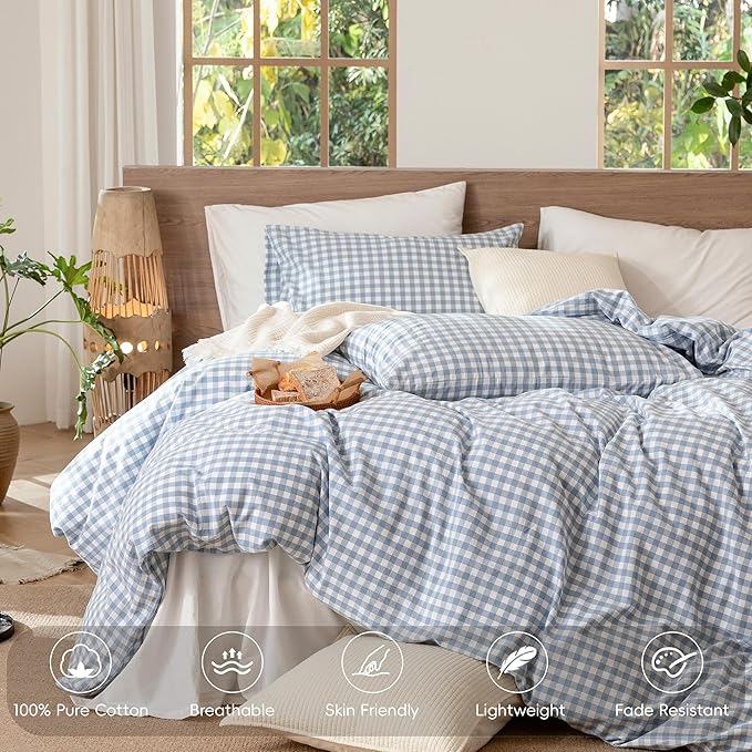 MooMee Gingham Duvet Cover Set 100% Washed Cotton Linen Like Textured Breathable Durable Soft Comfy Modern Checkered Design (Classic Gingham Cornflower Blue, King 104"x90")
