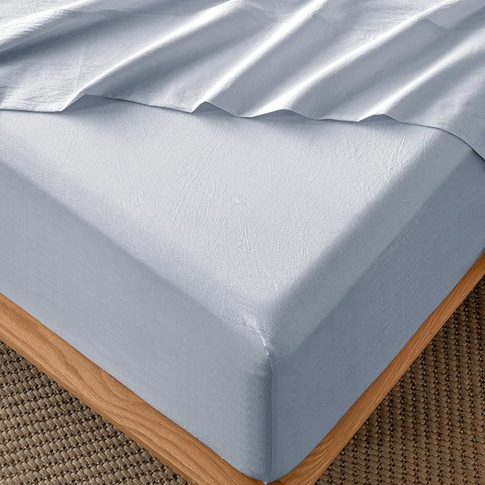 MooMee Fitted Bottom Sheet Only 100% Washed Cotton Linen Like Textured Breathable Durable Soft Comfy Deep Pocket Fits Mattress up to 17" (Cornflower Blue, King)