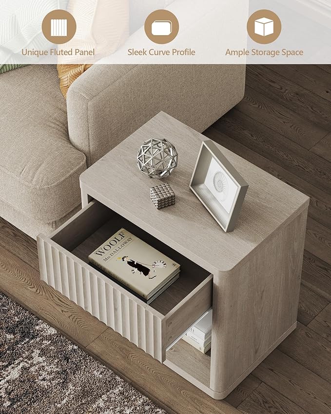 SICOTAS Night Stand Nightstand with Drawer Storage Fluted Bed Side Table End Table Large Modern Wide Bedside Stand Mid Century Night Stands for Bedroom Living Room Sofa Couch Home Office, White Alder