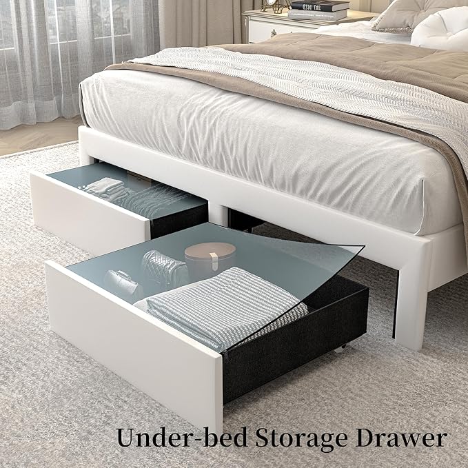 Full LED Bed Frame with 2 Storage Drawers, PU Upholstered Platform Beds with Galaxy Star Projector Charging Station Speaker, Aurora Bedframe with 2-Tier Storage Headboard, Noise-Free, White