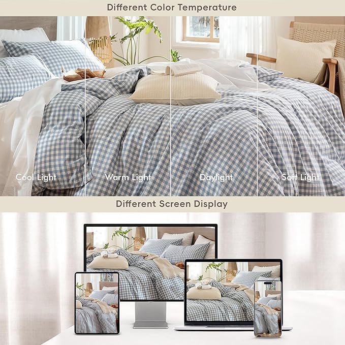 MooMee Gingham Duvet Cover Set 100% Washed Cotton Linen Like Textured Breathable Durable Soft Comfy Modern Checkered Design (Classic Gingham Cornflower Blue, Full 80"x90")
