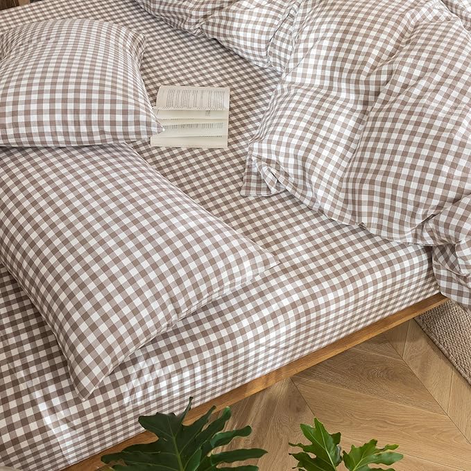 MooMee Gingham Duvet Cover Set 100% Washed Cotton Linen Like Textured Breathable Durable Soft Comfy Modern Checkered Design (Brown Gingham, King 104"x90")