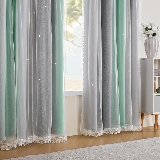 XiDi Curtains for Bedroom Decor, Rainbow Green LightgreyGrey34/90/1
