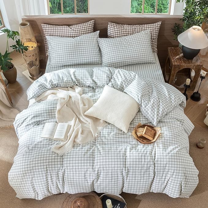 MooMee Gingham Duvet Cover Set 100% Washed Cotton Linen Like Textured Breathable Durable Soft Comfy Modern Checkered Design (Northern Droplet Grey Gingham, Full 80"x90")