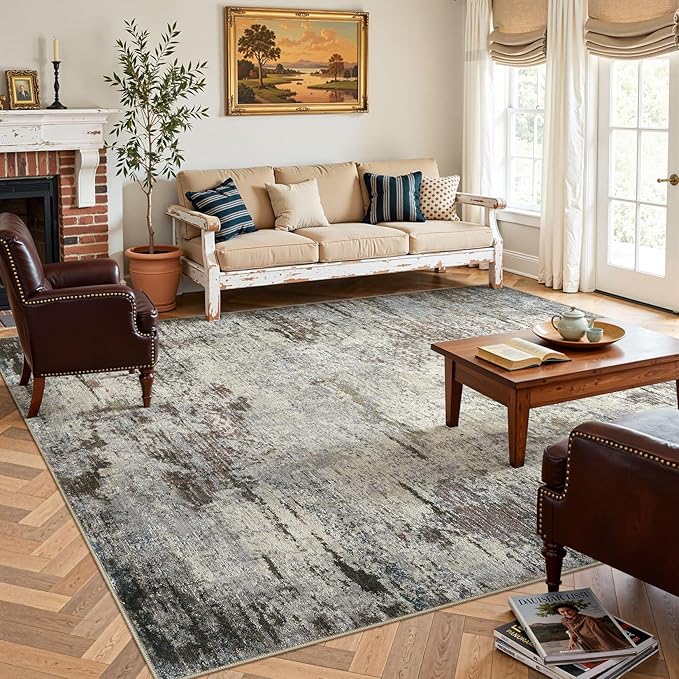 Area Rug Living Room Rugs - 9x12 Washable Large Soft Indoor Neutral Modern Abstract Low Pile Rug Carpet for Bedroom Dining Room Farmhouse Home Office - Brown Rust