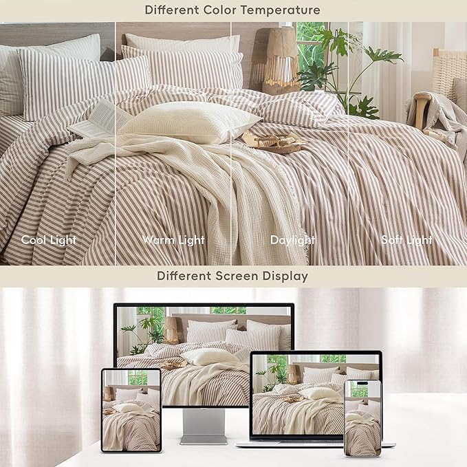 MooMee Striped Duvet Cover Set 100% Washed Cotton Linen Like Textured Breathable Durable Soft Comfy (Orange Classic Stripes, Twin 68"x90")