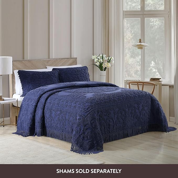 Beatrice Home Fashions Medallion Chenille Bedspread, King, Navy
