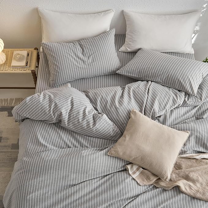 MooMee Striped Duvet Cover Set 100% Washed Cotton Linen Like Textured Breathable Durable Soft Comfy (Light Grey White Wide Stripes, Oversized Queen 98"x98")