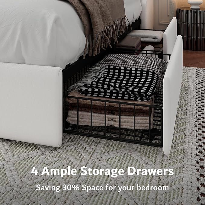 iPormis Full Size Bed Frame with 4 Storage Drawers, Upholstered Platform Bed Frame with Type-C & USB Ports, Wingback Storage Headboard, Solid Wood Slats, No Box Spring Needed, White