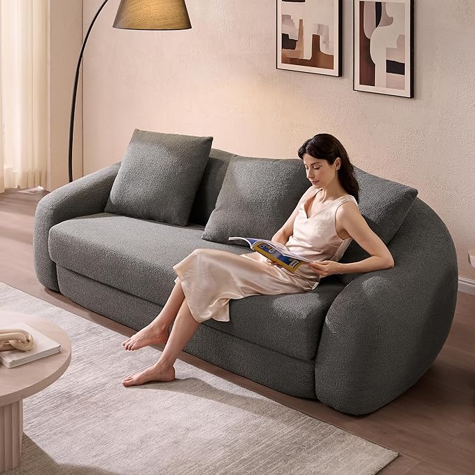 SICOTAS 90.6" Curved Convertible Sofa Couch Bed for Living Room Futon Cloud Boneless Sleeper Sofa Pull Out Floor Couch with Deep Seat 3 Seater Foam Bed No Assembly for Bedroom Apartment, Dark Grey