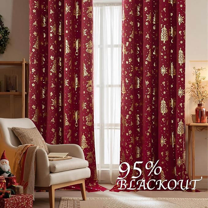 NICETOWN 2 Panels Christmas Curtains W52 x L84 in, Gold Foil Christmas Tree Printed Thermal Insulated Curtains, Xmas Theme Holiday Decor for Bedroom Living Room, Xmas Gifts Drapes, Burgundy Red