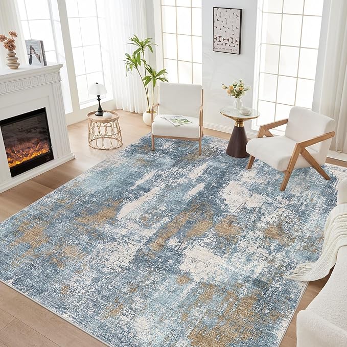 Area Rug Living Room Rugs - 9x12 Washable Large Soft Indoor Neutral Modern Abstract Low Pile Rug Carpet for Bedroom Dining Room Farmhouse Home Office - Blue Brown