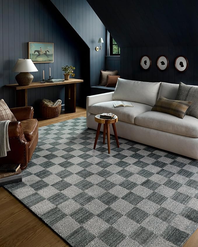 Loloi Chris Loves Julia Calvin Collection CLV-01 Blue/Ivory 2'-7" x 10'-0" Runner Rug Checkered Neutral Soft Living Room Bedroom Carpet