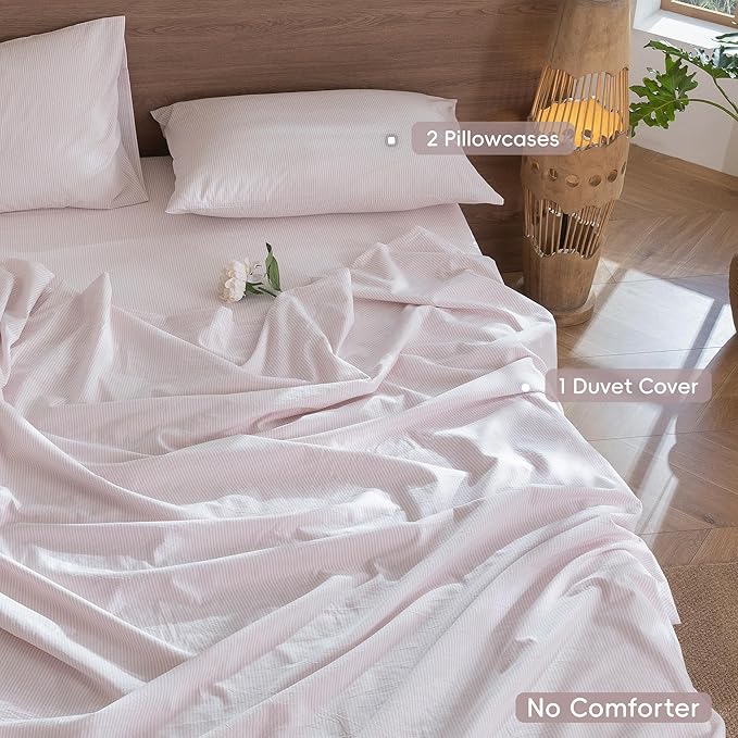 MooMee Striped Duvet Cover Set 100% Washed Cotton Linen Like Textured Breathable Durable Soft Comfy (Heathered Greyish Pink Pinstripes, Full 80"x90")