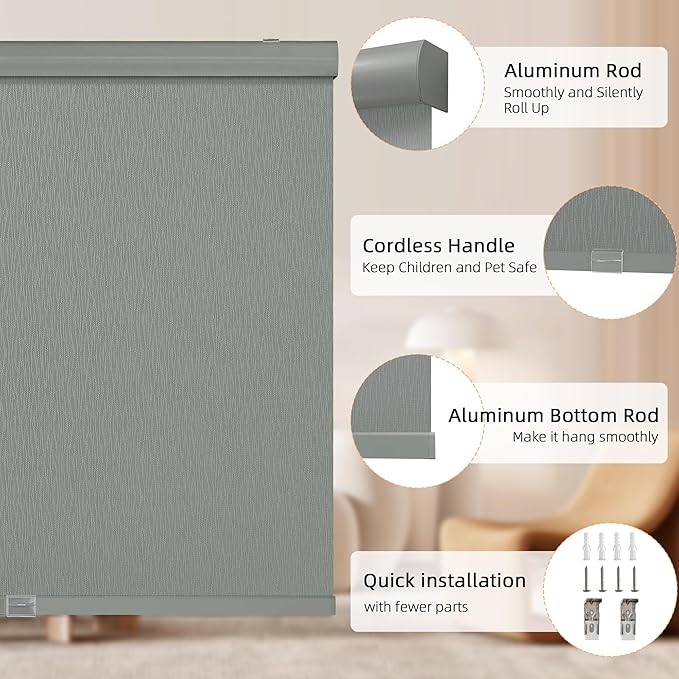 ChrisDowa Cordless Blackout Roller Shades for Windows, Striped Free-Stop Window Blinds with Privacy, Thermal Insulated Window Shades for Home, Office and Door. Grey, 59" W x 72" H