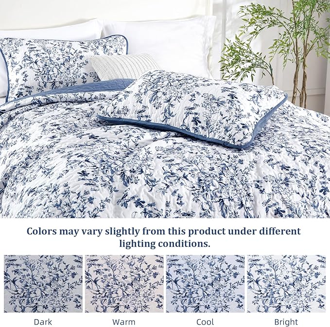 WONGS BEDDING Quilt Queen Size, Blue Quilt Bedding Set with 2 Pillowcases, Botanical Quilts for Queen Bed, Soft Microfiber Lightweight Coverlet Bedspread for All Season (96"×90", 3 Pieces)