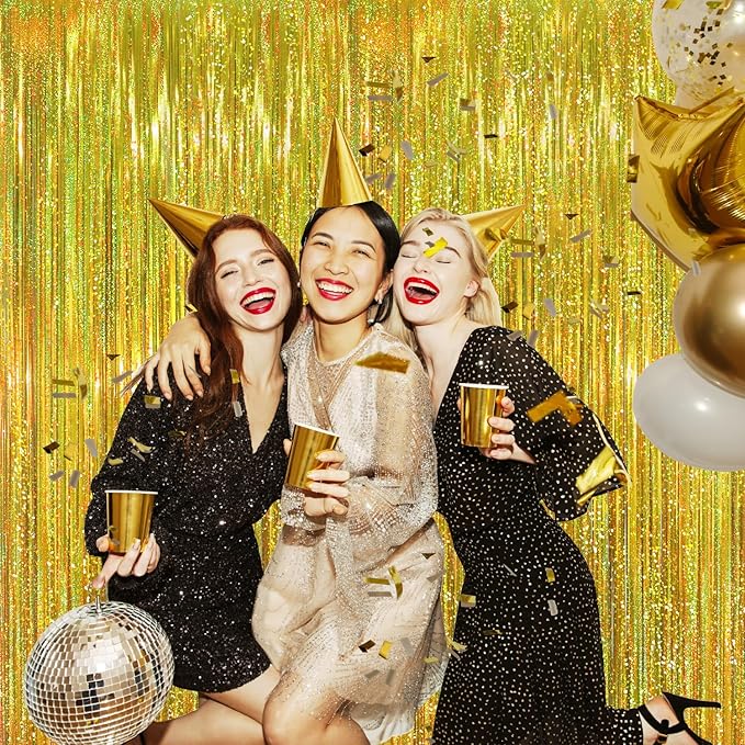 GOER 3.2 ft x 8.2 ft Metallic Tinsel Foil Fringe Curtains Party Photo Backdrop Party Streamers for Birthday,Graduation,New Year Eve Decorations Wedding Decor (3 Packs,Laser Gold)