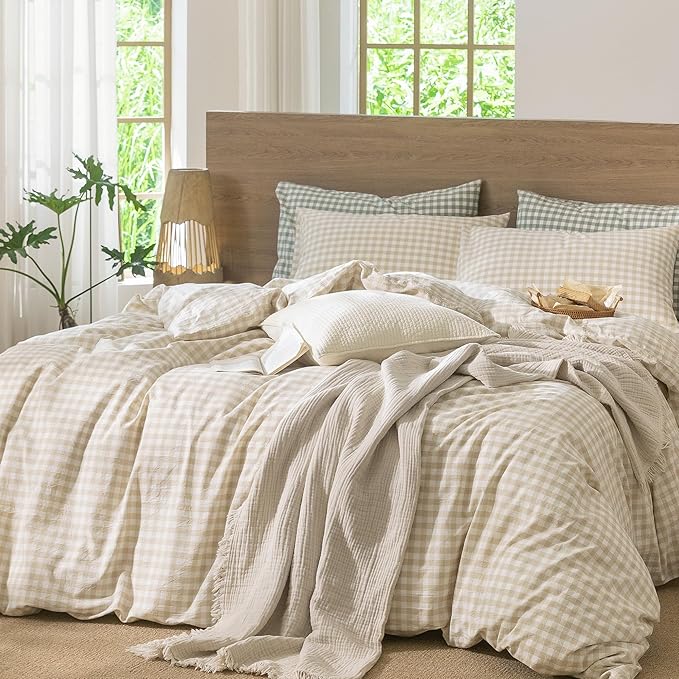 MooMee Gingham Duvet Cover Set 100% Washed Cotton Linen Like Textured Breathable Durable Soft Comfy Modern Checkered Design (Almond Milk Grey Gingham, Palatial King/Oversized King 120"x98")