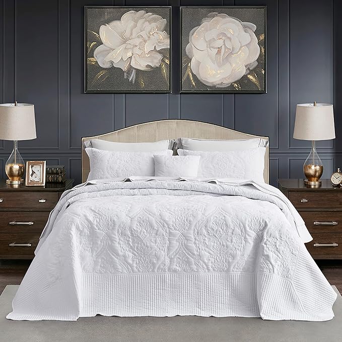 CHIXIN Bedspread Coverlet Quilt Set Full Size - Lightweight Bedding Cover - Beautiful Stitching - 5 Piece Reversible Bedspread - Gorgeous Damask Paisley Pattern (Full, Pure White)