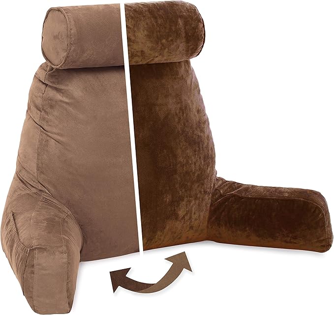 Husband Pillow XXL Aspen Edition, Adult Reading Sit Up Bed Rest Pillow for Bed with Arms & Neck Roll on Bungee Cord - Premium Memory Foam - Reversible 2 Sided Cover Micro Suede or Plush, Saddle Brown