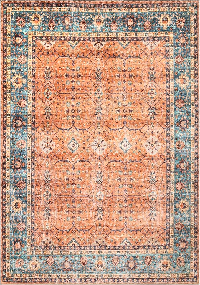 Bloom Rugs Washable Non-Slip 3' x 5' Rug - Orange/Teal Blue Traditional Bordered Area Rug for Living Room, Bedroom, Dining Room, and Kitchen - Exact Size: 3' x 5'