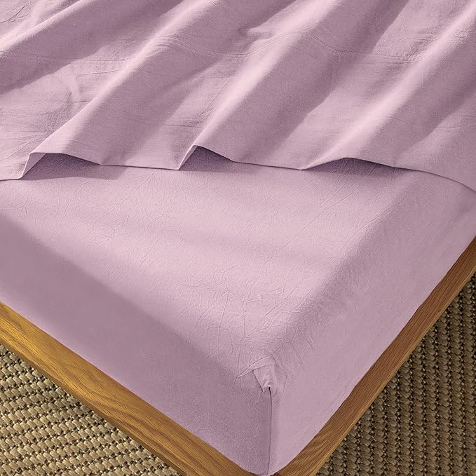 MooMee Fitted Bottom Sheet Only 100% Washed Cotton Linen Like Textured Breathable Durable Soft Comfy Deep Pocket Fits Mattress up to 17" (Light Purple, Twin)